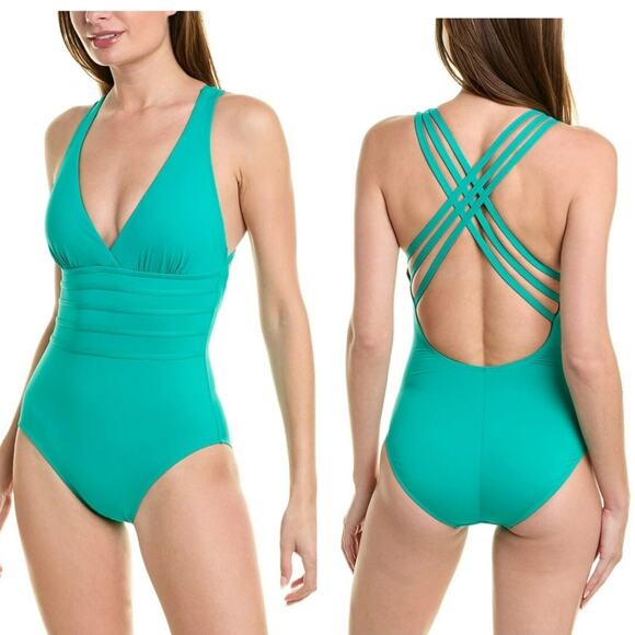 La Blanca Island Goddess Multi Strap Cross Back One Piece Emerald NWT 14 Swim - Picture 1 of 6